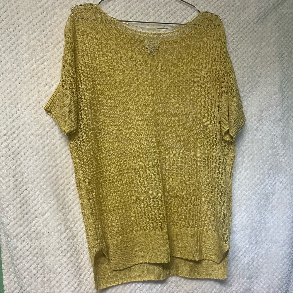 Holistia 100% Linen Knot Short Sleeve Round Neck Yellow Sweater Coastal Sz Small - Picture 7 of 8